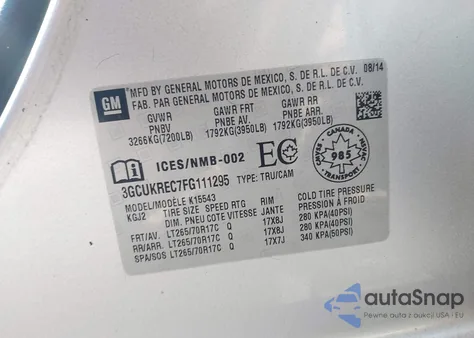 2015 Chevrolet Silverado 1500 1Lt/2Lt из США, поврежденный, VIN 3GCUKREC7FG111295